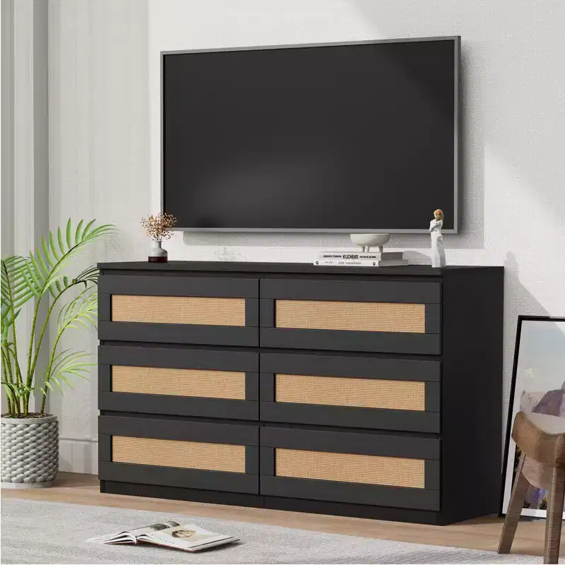 Rattan 6-Drawer Dresser - Slim Wooden Storage Cabinet, Freestanding Organizer for Bedroom & Entryway
