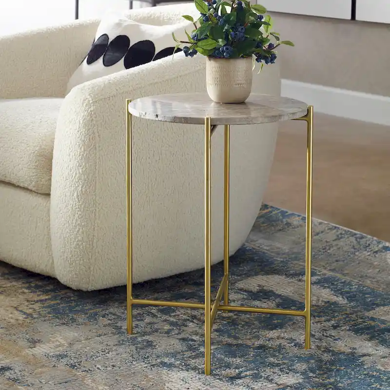 Gold Iron and Travertine Marble Top Accent Side Table