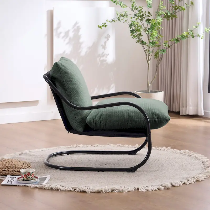 FERPIT Modern Curved Accent Chair with Faux Linen Upholstery, Comfy Lounge Chair with Metal Frame & Cushions