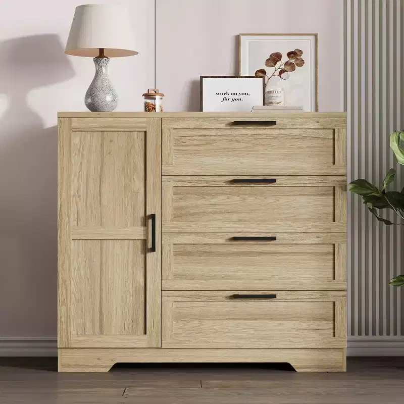 Wardrobe Closet, 43.3'' H Wood Armoire with 4 Drawers & Hanging Rod, Natural Oak Gray