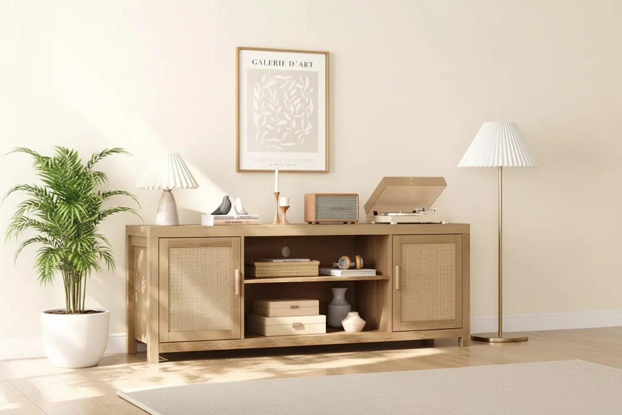 MDF Rattan 2-Door TV Stand with Adjustable Shelves for TVs up to 65
