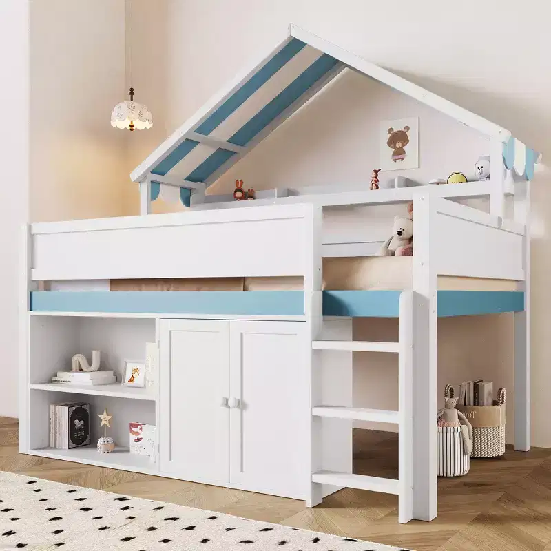 Full Size Loft Bed, House-Inspired Design with Canopy Roof and Storage Cabinet