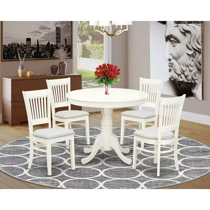 HomeStock Anva5 Round Dining Set Modern Linen White