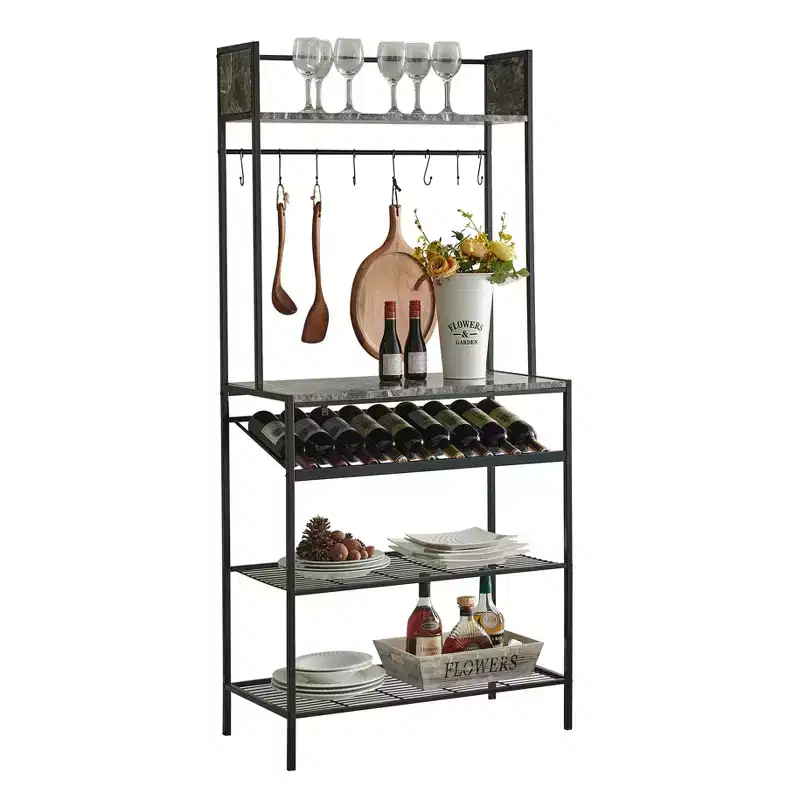Kings Brand Furniture Lindsay Black Marble Bakers Rack with 9 Wine Bottle Capacity Rack & 8 Hooks - Kitchen Storage Organizer, Black