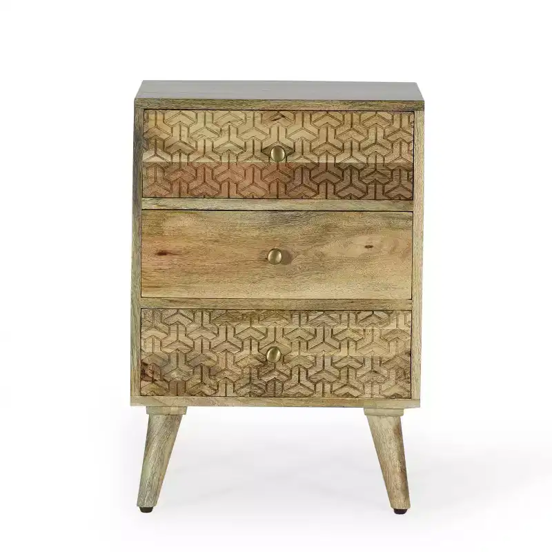 GDFStudio Stowe Boho Handmade Mango Wood 3 Drawer Nightstand