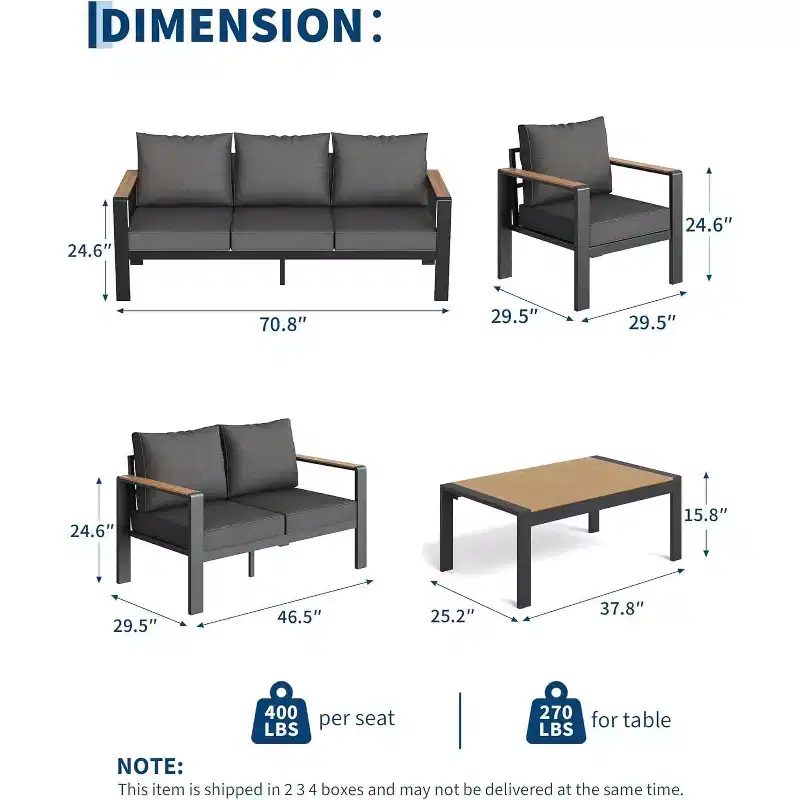 5-Piece Aluminum Patio Chair Set,Sectional Conversation Set with Thick Washable Cushions&Coffee Table,Modern Outdoor Seat for Porch,Balcony,Deck,Yard