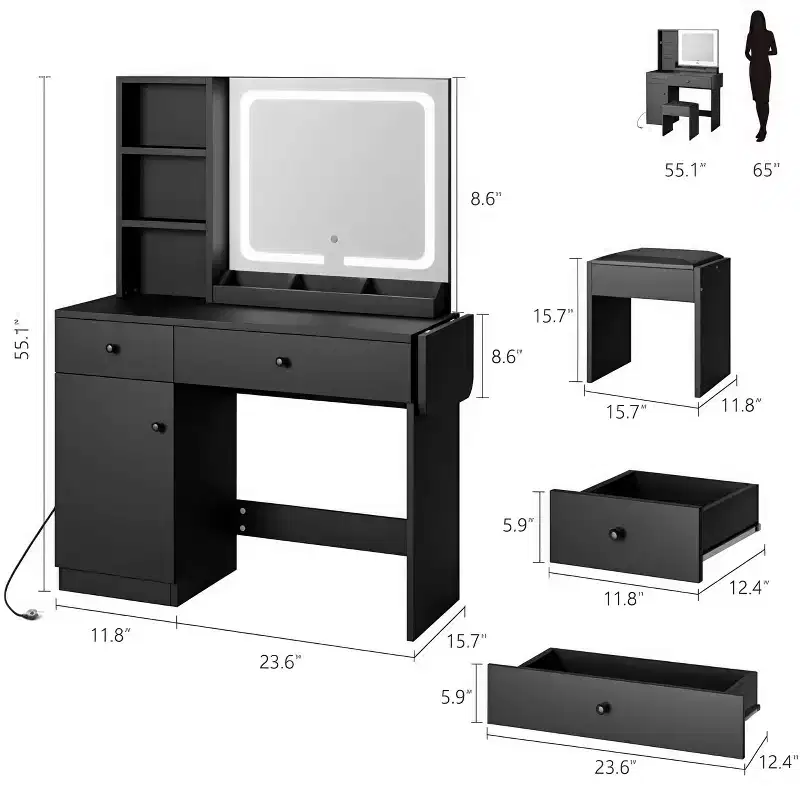 GustoWave Vanity Table Set with Illuminated Mirror, Storage Stool & Expandable Top - Makeup Dressing Desk with Cabinet & Shelves