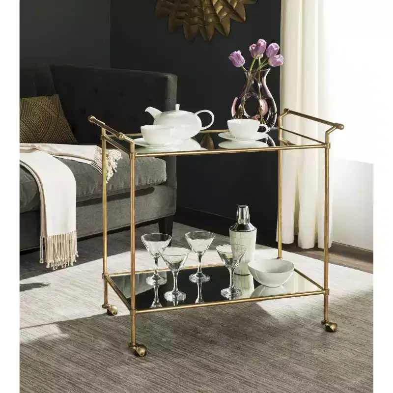 Gold Mirrored Bar Serving Cart, 2 Shelves, Iron Frame with Casters, 31