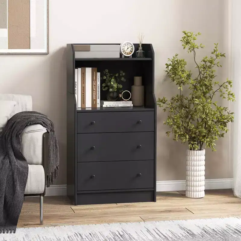 Costway 3-Drawer Dresser 44 Tall Wood Storage Organizer Chest with 2 Open Shelves Black/White/Walnut