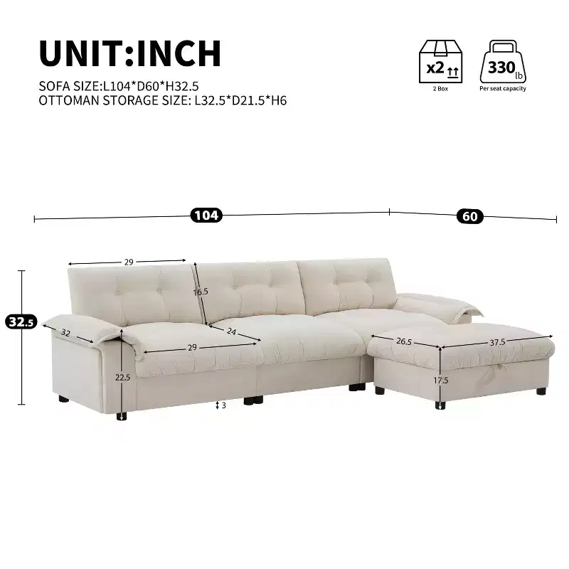 Modular 4-Seat Sectional Sofa with Storage Ottoman, Cup Holders, USB & Type-C Charging, Tufted Cushions, Armrest Storage, Soft Upholstery