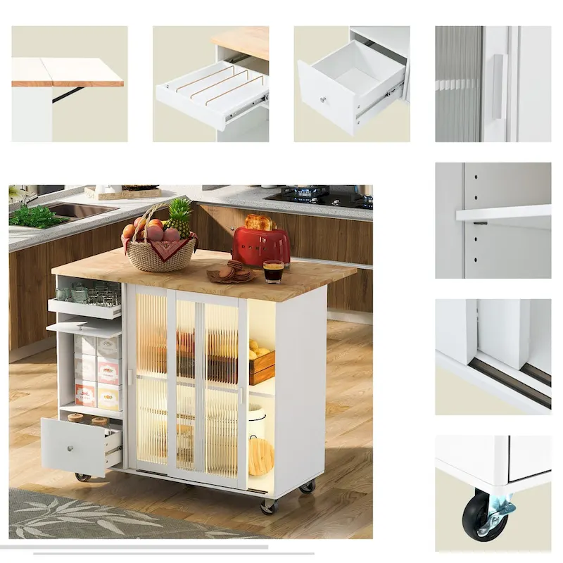 Kitchen Island with Drop Leaf, LED Light Kitchen Cart on Wheels