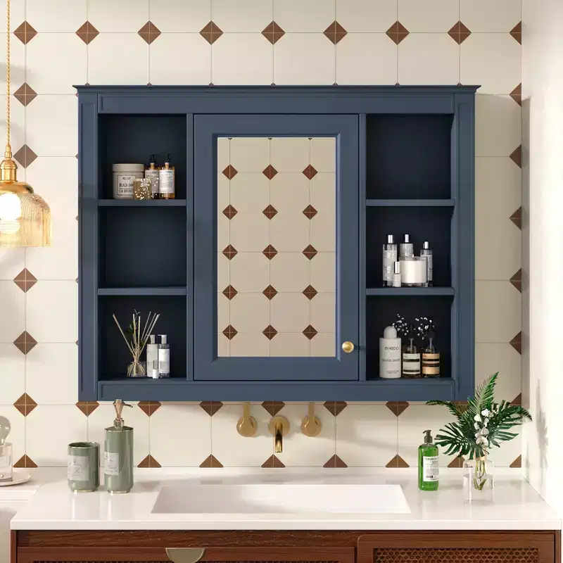 MAYEERTY 27.5 Medicine Cabinet, Wall Mounted Bathroom Storage Cabinet with Mirror 6 Open Shelves Modern Blue