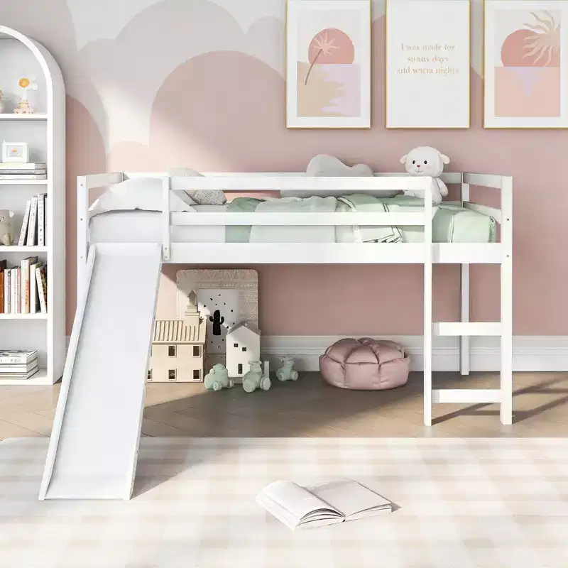 Luxystar Twin Size Loft Bed with Slide and Fence for Kids' Room