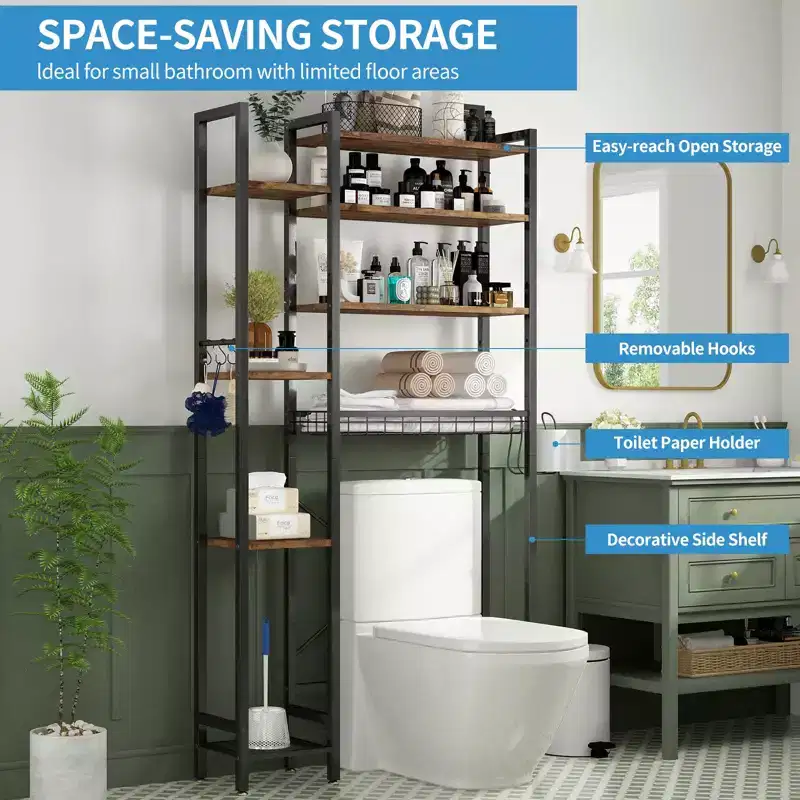 VIYET 38 Fit 8-Tier Over-the-Toilet Storage Rack with Side Racks & Drain Basket, Adjustable Shelf Freestanding Bathroom Organizer (Vintage Brown)