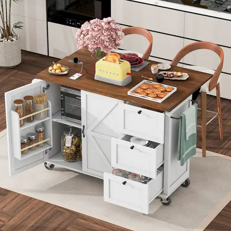 54.5  Farmhouse Kitchen Island with Power Outlet, Internal Storage Rack, Drop-Leaf Tabletop, Spice Rack, Rolling Cart On Wheels
