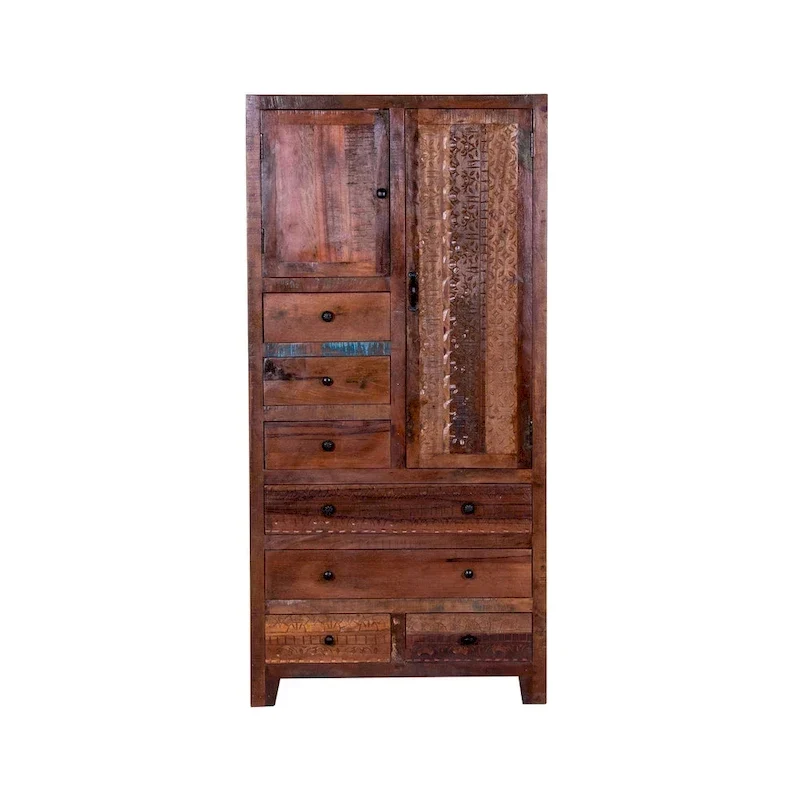 Antique White / Brown Solid Wood Armoire with 7 Drawers & 2 Doors