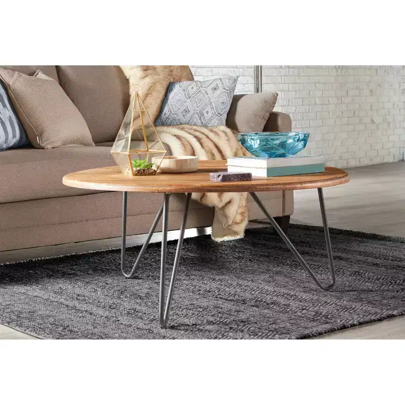 Bryant Round Coffee Table Aged Pine - Serta: Modern Farmhouse Design, Hairpin Legs, Low Profile