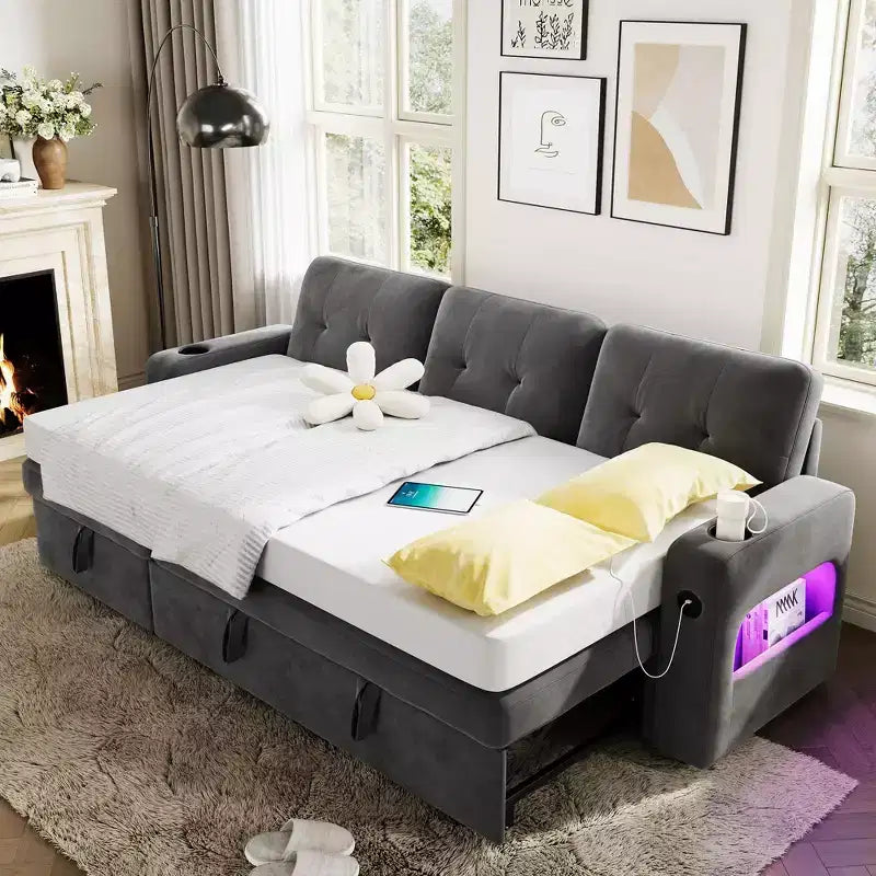 84 Inch Sleeper Sofa Couch, L-Shaped Sofa, Convertible Pull Out Sofa Bed with Storage, Charging Station, Led Lights, Modern Sectional Sofa
