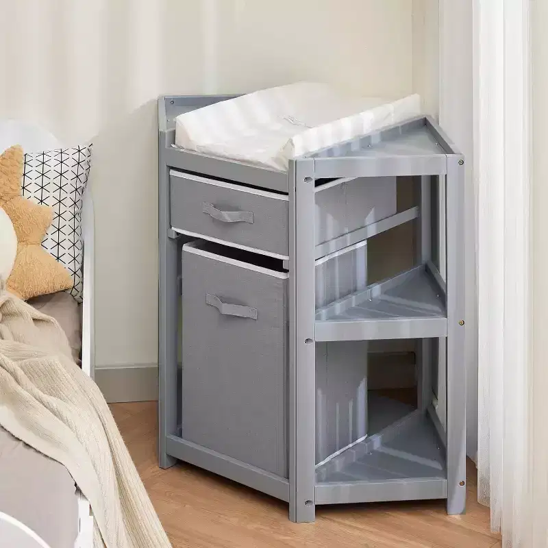 Baby Corner Changing Table with Storage Drawer, Diaper Changing Station with Baby Changing Pad, Wood Diaper Changing Table for Infants and Toddlers