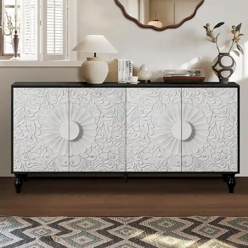 Vintage Large Cabinet with Faceted Carved and Spliced Doors