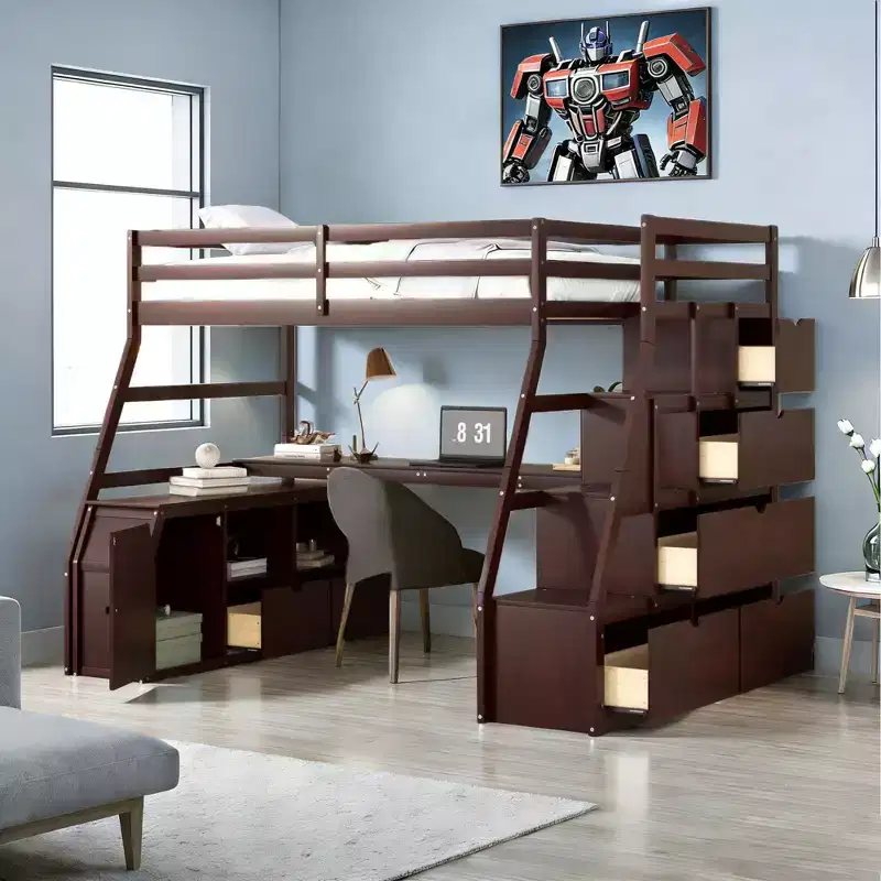 Twin Size Loft Bed with 7 Drawers, 2 Shelves, Cabinet and Desk for Kids and Teens