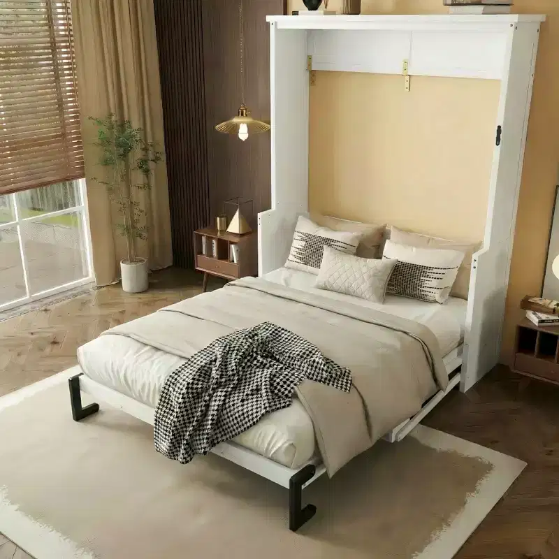 Queen Size Wood Vertical Murphy Bed, Space-Saving Hidden Wall Bed Cabinet