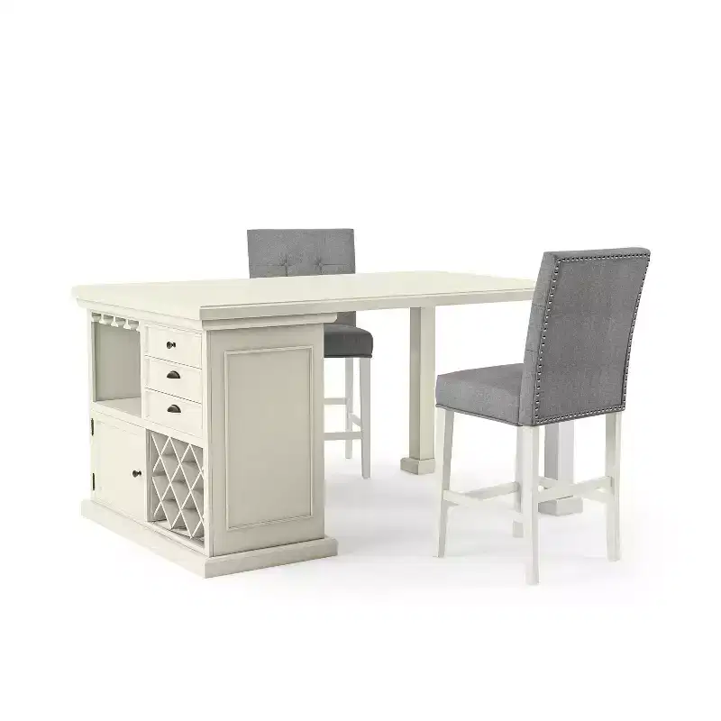 HOMES: Inside + Out 3pc Pritzker Counter Height Dining Set Antique White: Upholstered Chairs, Storage Base
