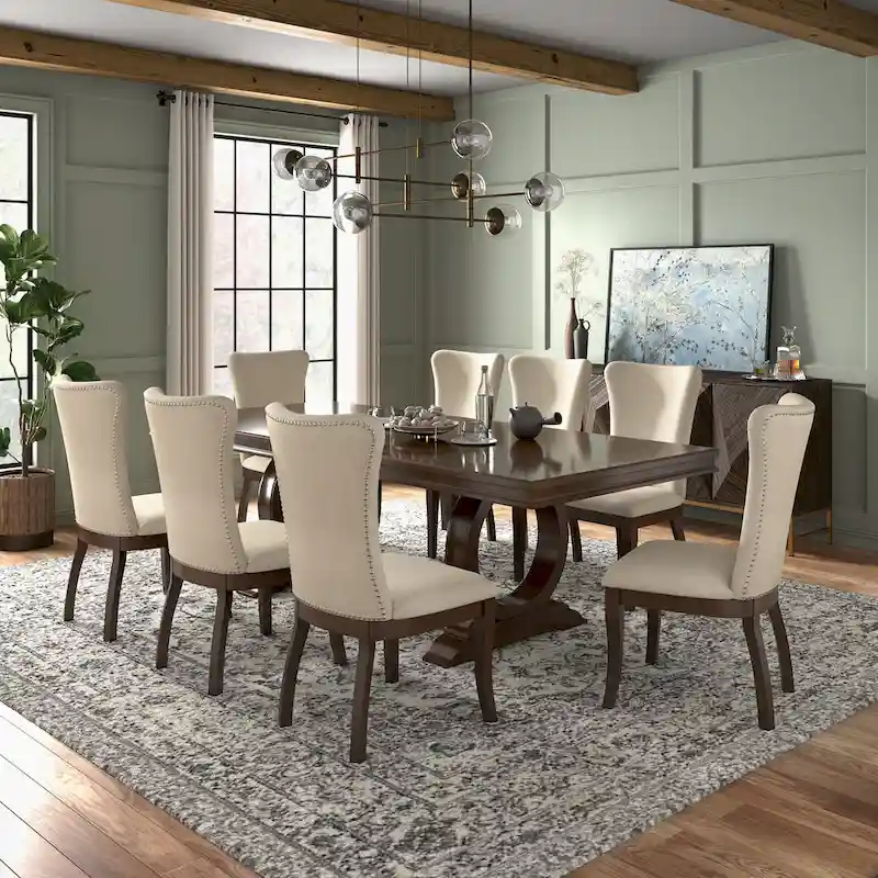 Tallinn Dark Cherry Wood and Beige Fabric Extendable Dining Set