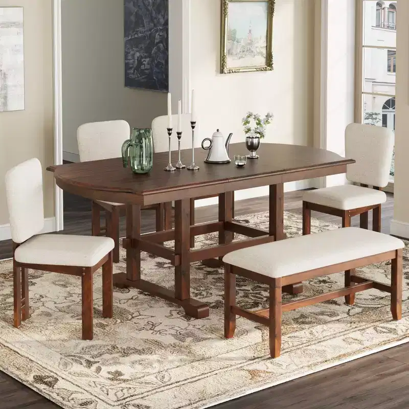 Extendable Wood Dining Table Set with Bench, 6 Pieces Kitchen Table Set with Removable Leaf and 4 Upholstered Dining Chairs, Beige,Espresso