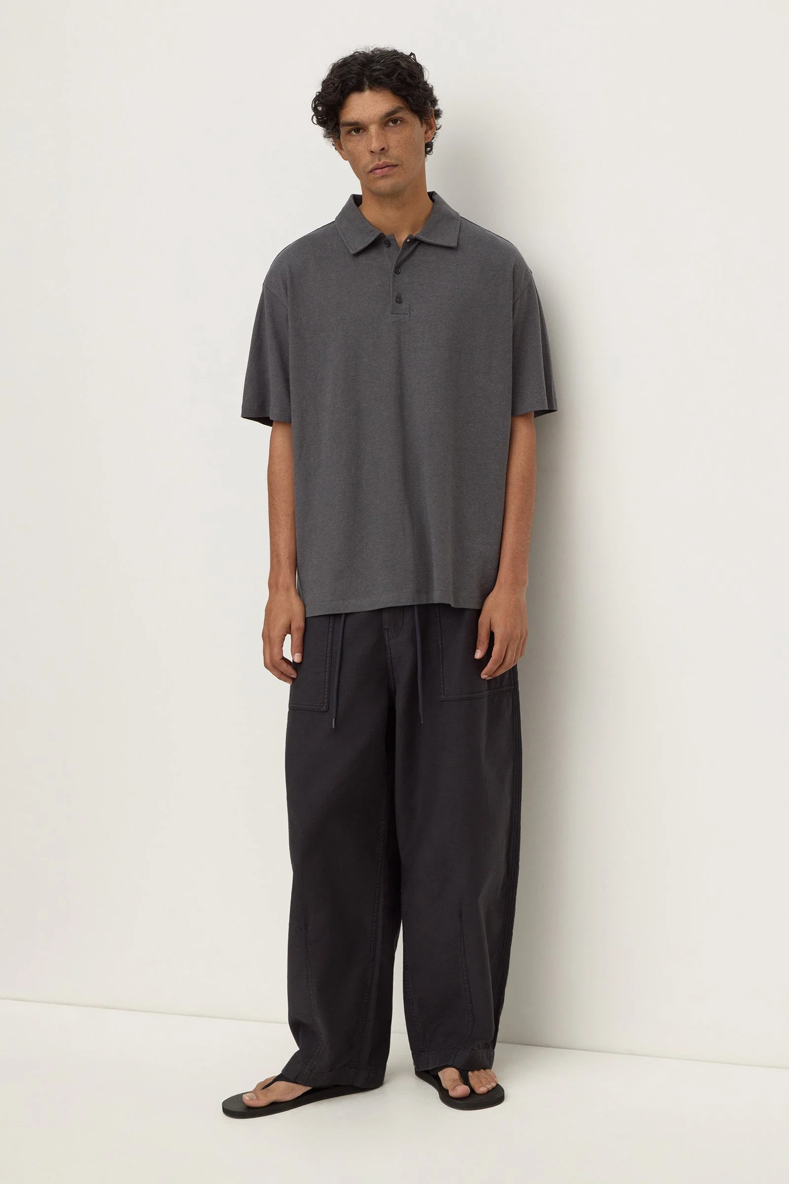 Washed Charcoal Hemp Cotton Knit Polo