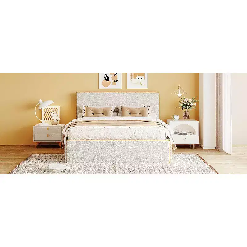 Full/Queen Platform Bed Frame with 4 Drawers No Box Spring Needed Upholstered Bed with Gold Decoration Headboard & Footboard Easy to Assemble