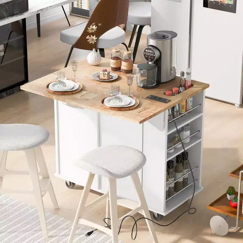 PexFix 39.8in. L x 33.7in. H Kitchen Island Kitchen Storage Island with Drop Leaf & Wine Rack & Adjustable Storage in White