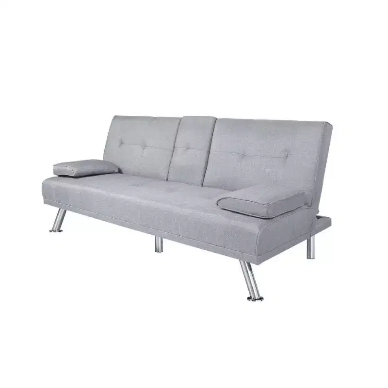MAYEERTY 66 Futon Sofa Bed - Drop-Down Back with 2 Cup Holders, 3-Position Recline, Linen Upholstery