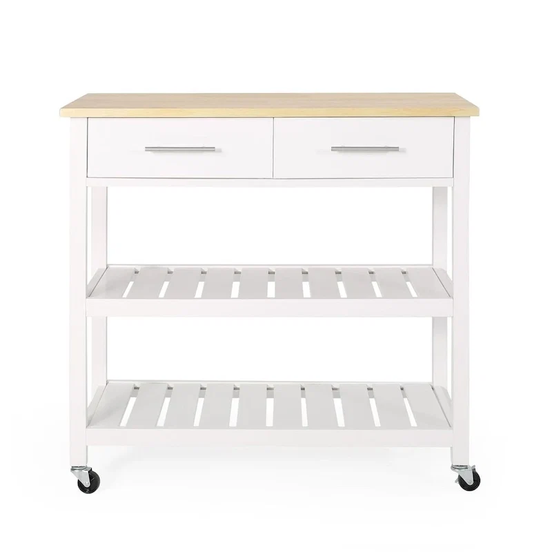 Modern Wood Kitchen Cart with Wheels, Drawers and Shelves