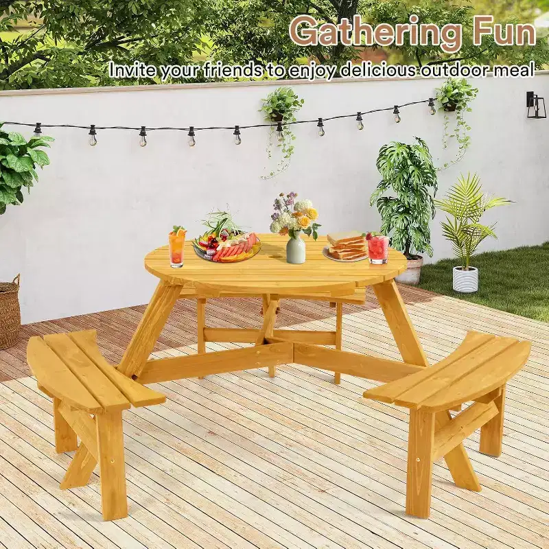 Zevemomo 6 Person Wood Picnic Table,Round Tabletop with Umbrella Hole,3 Built-in Curved Benches,1720LBS Total Capacity for Garden, Light Wood Color