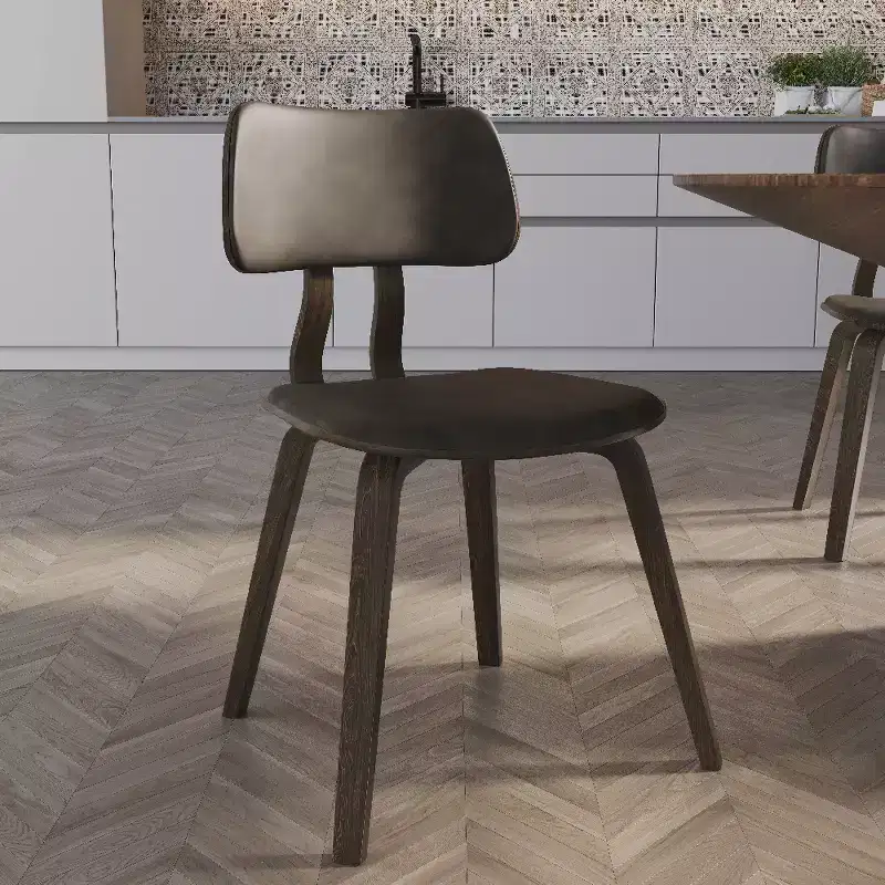 LeisureMod Clivo Wooden Set of 4 Dining Chair with Leather Upholstered Seat, Curved Open Back  Modern Kitchen, Dining Room, Caf, Nook Seating