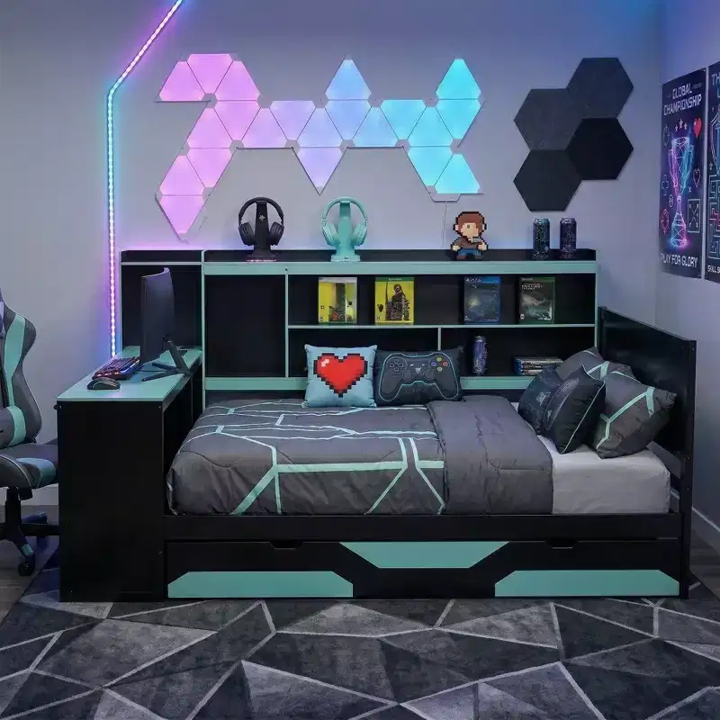 Gamer Hub Daybed with Desk, RGB Lights, Charging Station, Storage Drawers & Bookcase Headboard