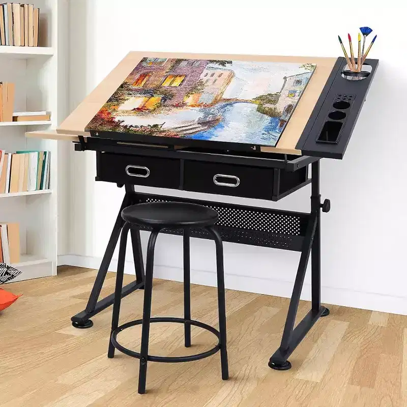 Height Adjustable Drafting Table, 0-75 Tilting Drawing Table Art Desk for Adults, Artist Desk with 2 Storage Drawers with Stool for Home Office