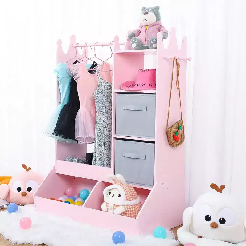 Kids Dress Up Wardrobe with Light and Mirror  Wooden Armoire Closet  Open Hanging Clothing Rack, Storage Bins for Girls Bedroom or Playroom