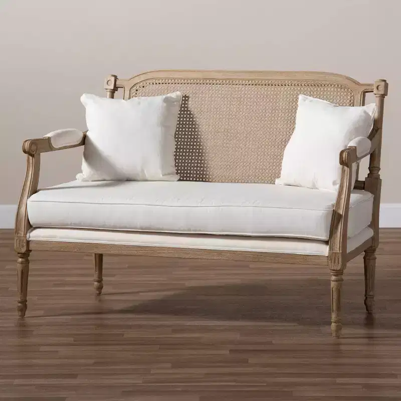 Clemence Upholstered Whitewashed Wood Sofa Loveseat Ivory/Oak - Baxton Studio: Polyester & Cotton, Spot Clean, 3-Seater