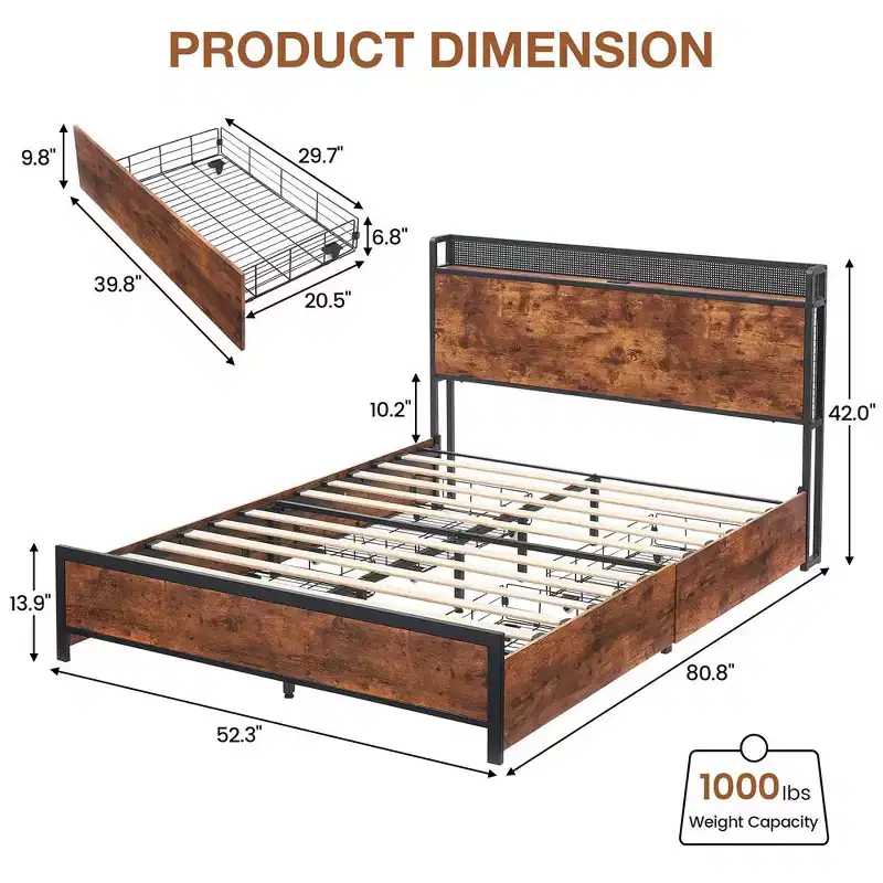 Full Queen Bed Frame with Storage Drawers and Charging Station, LED Light Bed with Storage Headboard, Platform Bed with Strong Wood Slats Support