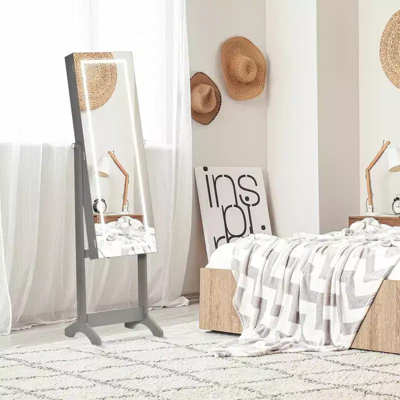 Floor Standing Jewelry Cabinet with LED Light and Full-Length Mirror