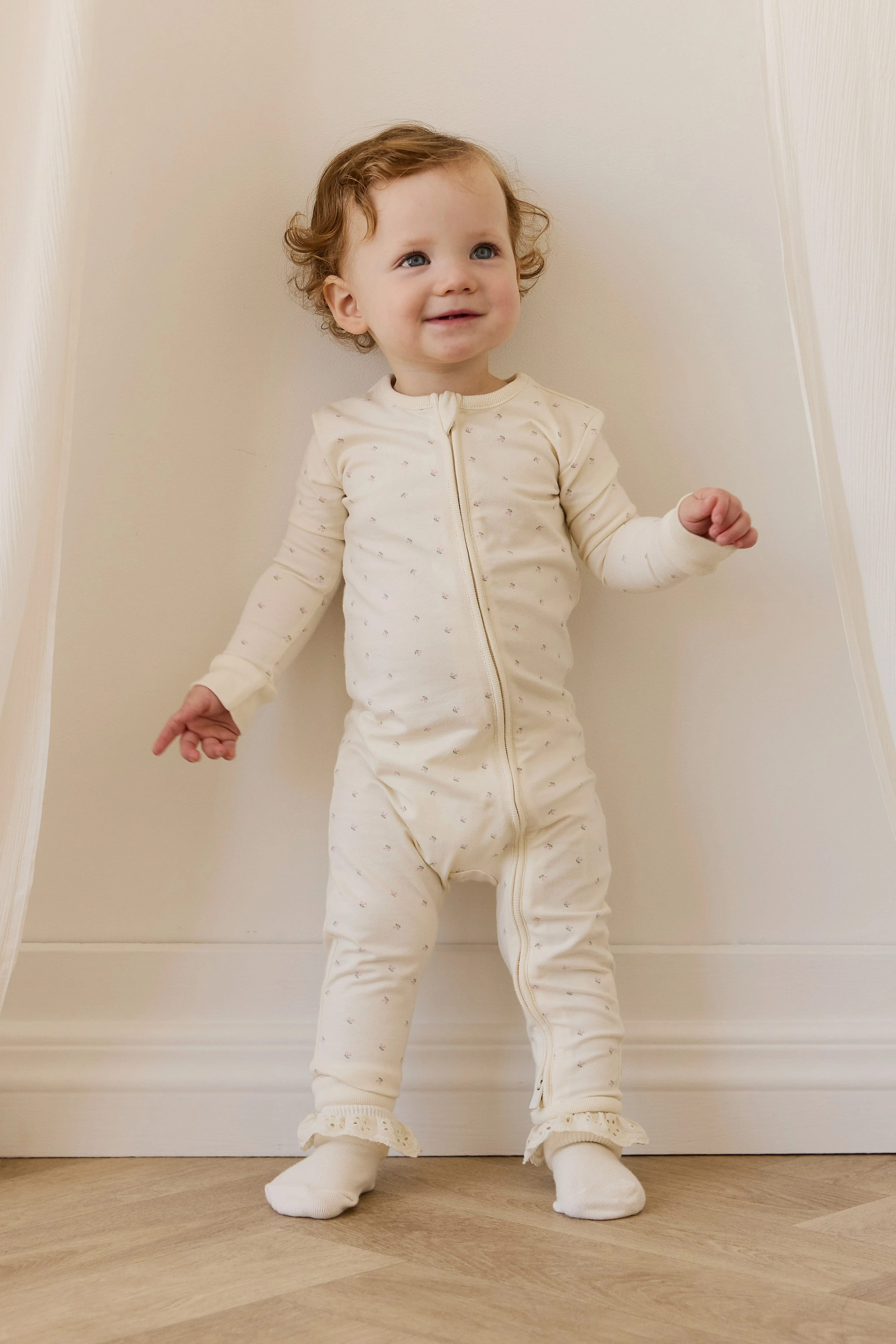 Sweet Cream Cherry-Print Organic Cotton Zip-Front Onepiece with Ribbed Cuffs for Sleep & Play 0M–3Y