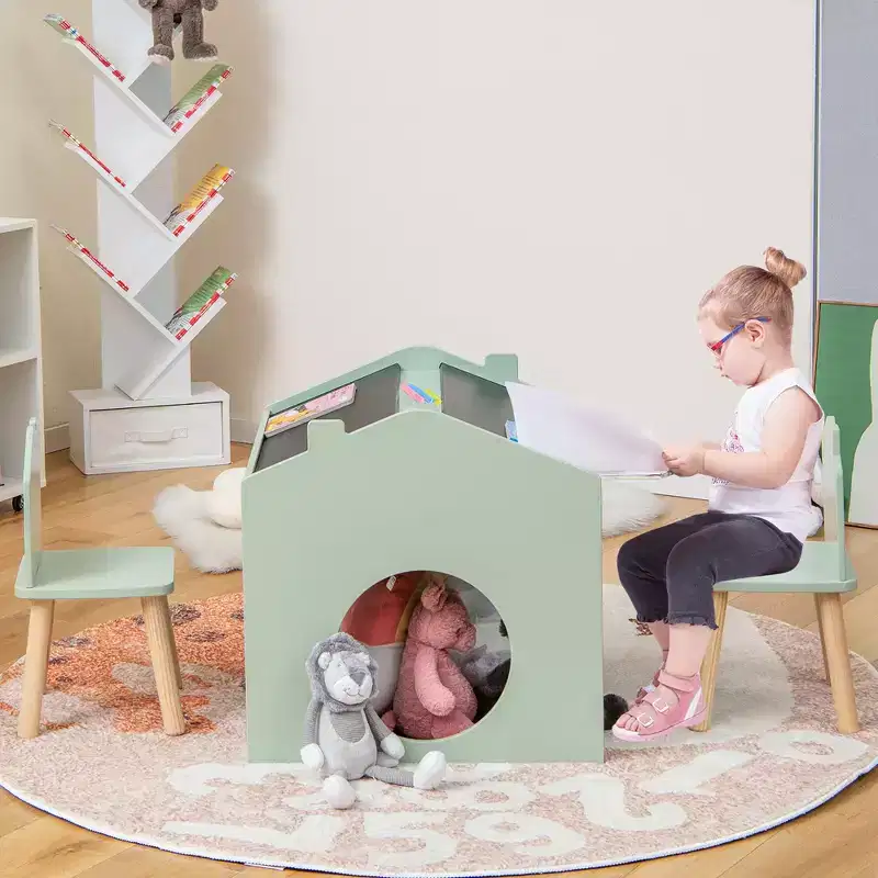 Costway 3 Piece Kids Wooden Table and Chair Set with Blackboard for Drawing Reading Green/Gray/White