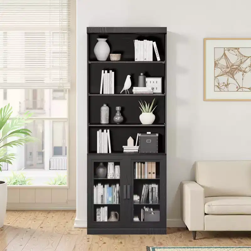 80x31x16 Wood Accent Sideboard Cabinet in Black, Storage Organizer with Adjustable Shelves and Glass Doors for Kitchen Bedroom Living/Dinning Room