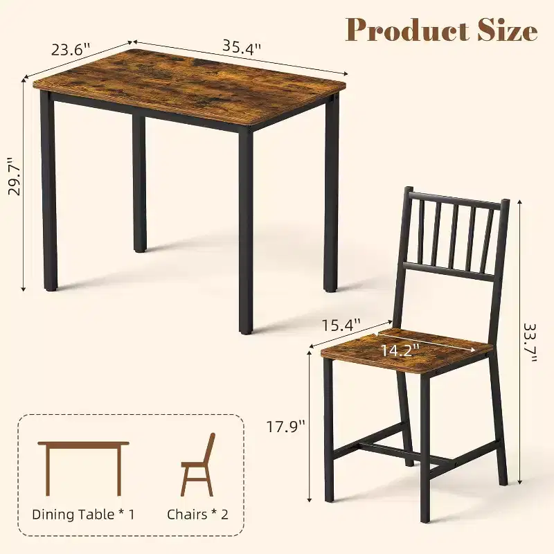 MooxvMoo 3-Piece Rectangular Dining Table Set for 2, Kitchen Table Set with 2 Chairs, Breakfast Nook Furniture for Kitchens, Dining Room, Brown