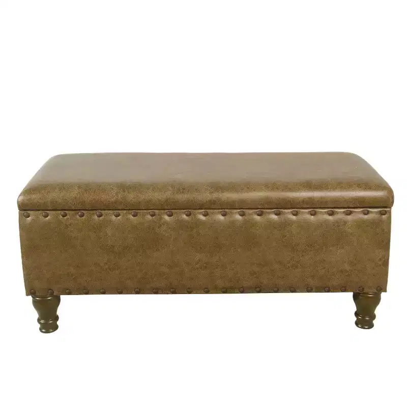 Large Storage Bench with Nailhead Trim Faux Leather Brown - HomePop: Bedroom Accent Furniture, Seating & Coffee Table