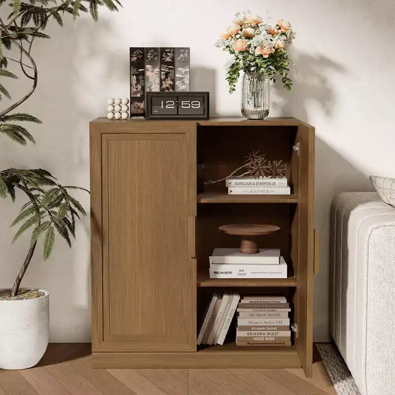36 in. Tall Wood Grain Storage Cabinet in White, Storage Organizer with 2 Solid Wood Doors for Bedroom Living/Dinning Room