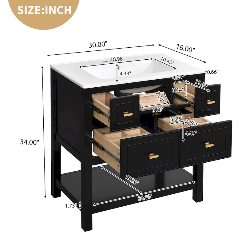 30 Bathroom Vanity with Ceramic Sink Combo, Free Standing Single Vanity Set with 5 Drawers