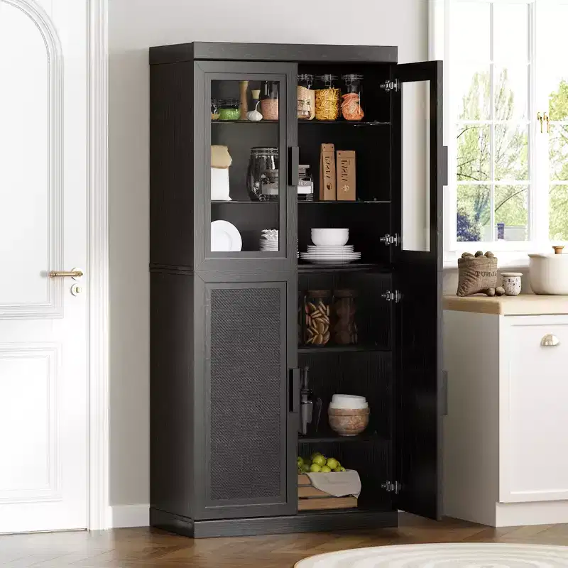 Solid Wood Pantry Cabinet with Adjustable Shelves and Glass Door